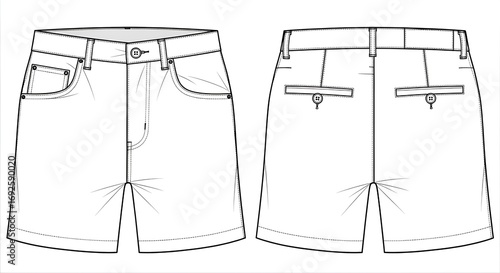 Men's shorts fashion flat sketch with detailed technical drawing. Apparel clothing template showing front and back views for design and manufacturing vector illustration