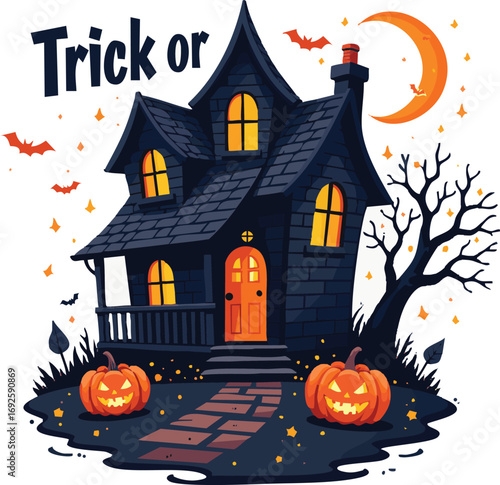 Spooky haunted house with glowing jack-o'-lanterns on a festive Halloween night under a crescent moon