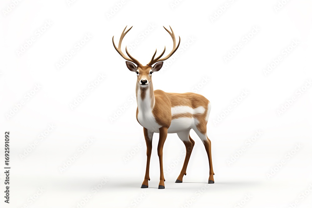 Obraz premium A majestic deer stands gracefully in a minimalistic white background, showcasing its elegant antlers