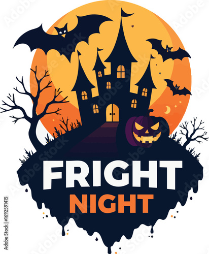 Spooky Fright Night Castle with Bats and Jack-o'-Lanterns Illustration - Perfect for Halloween Celebrations