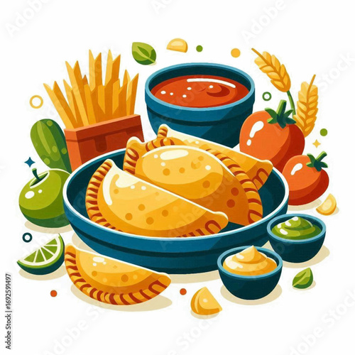 Empanadas in a blue bowl are surrounded by various foods sauces and grains in a vibrant cartoonish style