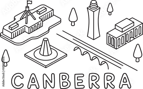 Isometric Canberra Cityscape Outline Vector Illustration with Australian Landmarks Design