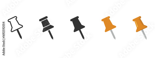 Push pin vector illustration set in outline, black, and orange styles. Thumbtack icons for office stationery, corkboards, reminders, notes, maps, and digital design use