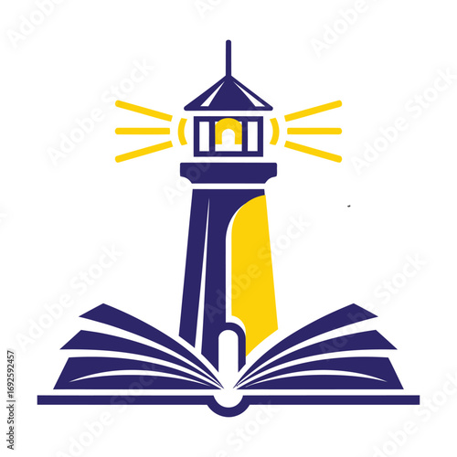 Blue And Yellow Lighthouse Emerging From Open Book Vector Icon beacon guidance
