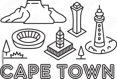 Cape Town Skyline Line Art Vector Illustration Featuring Iconic Landmarks and Cityscape