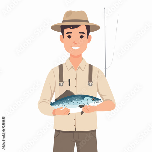 Cartoon man wearing a hat and suspenders proudly holding a fish he caught, with a fishing rod behind him.