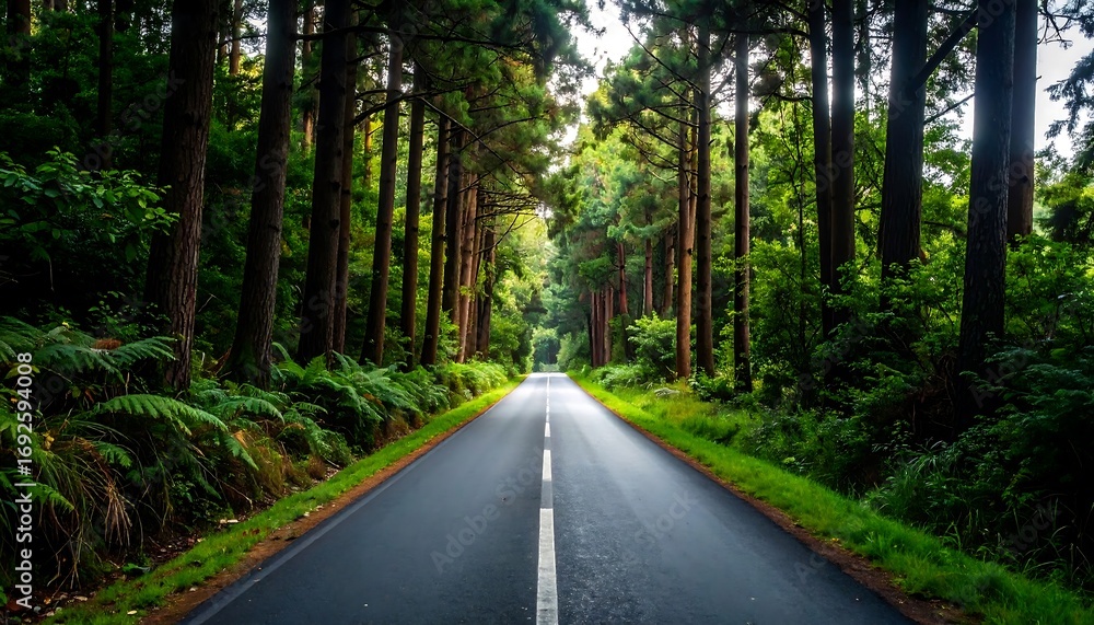 Fototapeta premium A straight road through a dense forest