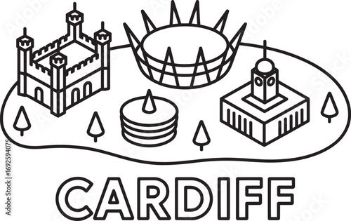 Cardiff Cityscape Outline Vector Illustration Featuring Iconic Landmarks and City Name