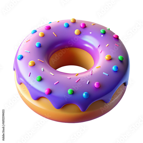 Delicious donut with purple frosting and colorful sprinkles isolated on transparent background, a tempting 3d render illustration