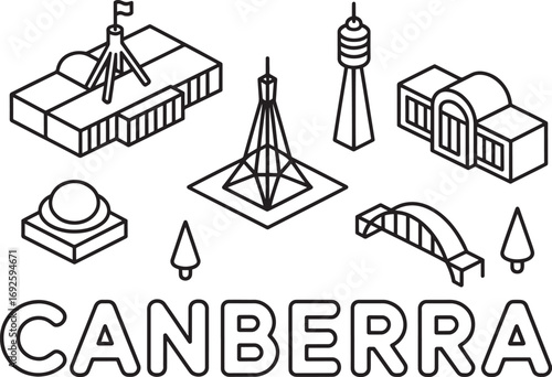 Isometric Canberra City Skyline Outline Vector Illustration with Australian Landmarks Design