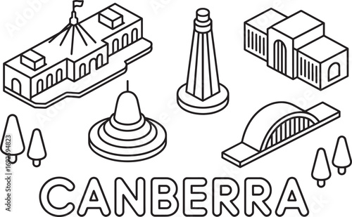 Isometric Canberra Cityscape Outline Vector Illustration with Australian Landmarks Design