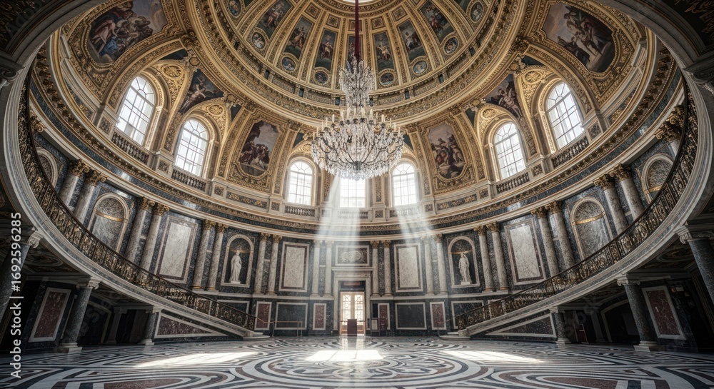 Fototapeta premium Grand Hall Interior with Domed Ceiling and Chandelier.