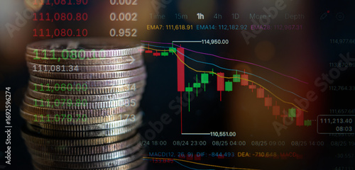 Cryptocurrency market analysis featuring digital coins and trading charts in a financial setting