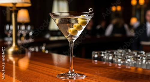 Classic martini cocktail with green olives on a wooden bar.