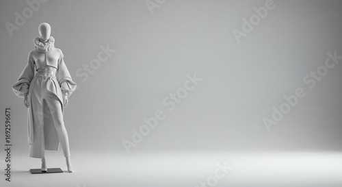 A stylized full-length mannequin displays a modern monochromatic high-fashion outfit with voluminous sleeves and an asymmetrical skirt on a clean white studio background with copy space.