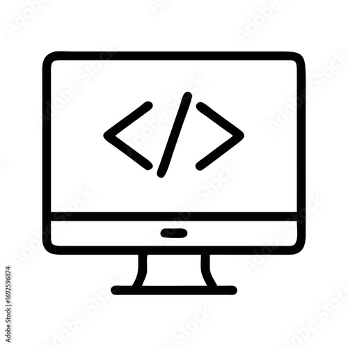 Minimal line vector icon of computer monitor with code symbols for programming