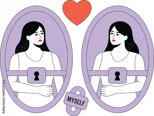 Woman sees her reflection in a mirror, symbolizing self-love and acceptance.
