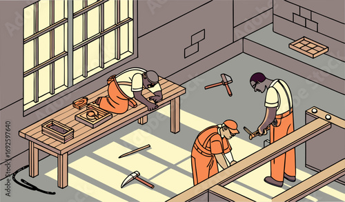 A jail workshop where prisoners are making wooden furniture and doing metalwork under the supervision of guards. Add tools, workbenches, and sunlight beams from small windows. Ultra-detailed and cinem