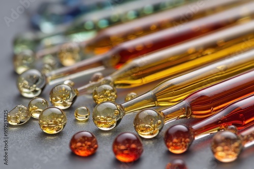 Wallpaper Mural Close-up of Glass Droppers and Liquid Spheres in Shades of Amber and Gold Torontodigital.ca