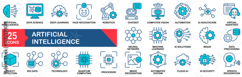 Artificial intelligence icon set. Containing AI, deep learning, robotics, machine learning, data Science, automation, big data and more. icons collection. 