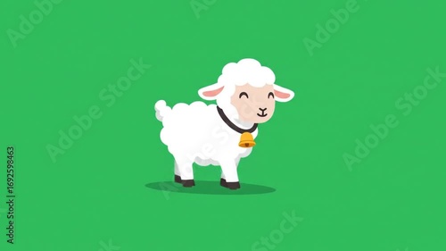Cartoon Sheep Standing Still on Green Background