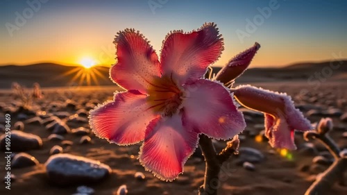 Vibrant pink desert flower blooming at sunrise against a backdrop of rocky terrain and distant dunes