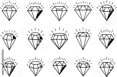 Diamond set icon in flat. Gem logo isolated illustration. Crystal on white background. Vintage vector
