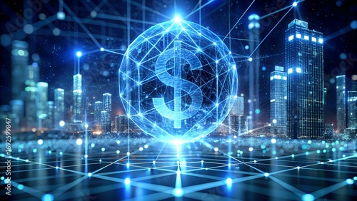 Wallpaper Mural Global finance network connects cities with glowing dollar symbol in futuristic digital abstract Torontodigital.ca