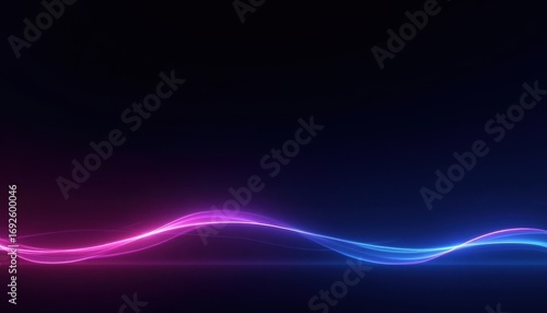 A vibrant abstract neon wave glows with fluid motion, transitioning from bright magenta to electric blue against a deep dark background, offering ample copy space.