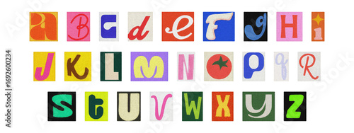 Cut-out magazine alphabet letters set on transparent background, retro ransom style