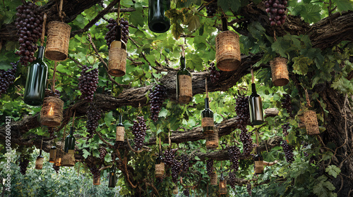 In a vineyard, bottles of wine grow in clusters on grapevines, a surreal vision of farm-to-bottle transformation.