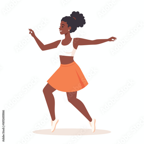 An illustration of a smiling dark-skinned woman dancing with arms outstretched, wearing a white top and orange skirt.