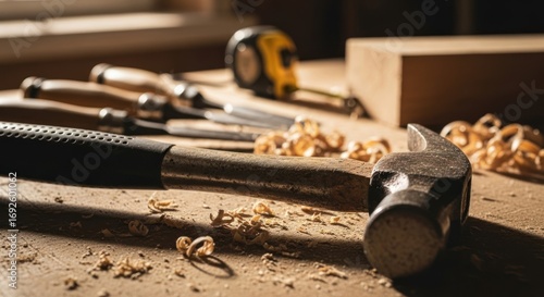 Woodworking tools on a workbench.