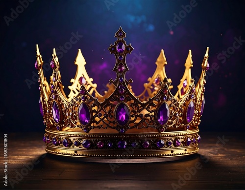 Ornate gold crown with purple jewels on dark wooden surface