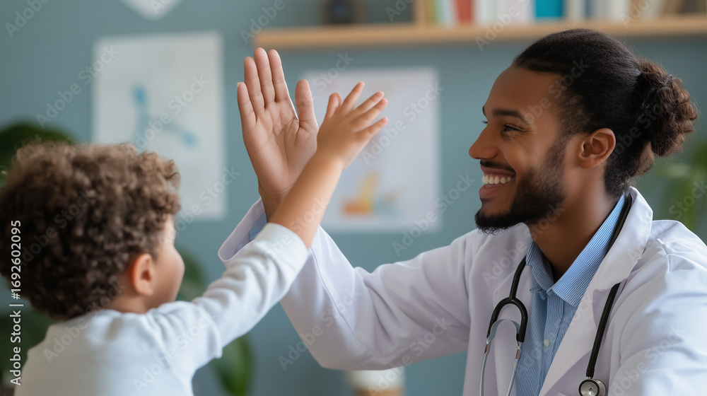 Obraz premium Smiling pediatrician with little patient giving high five, International Doctor's Day, kindness in healthcare.