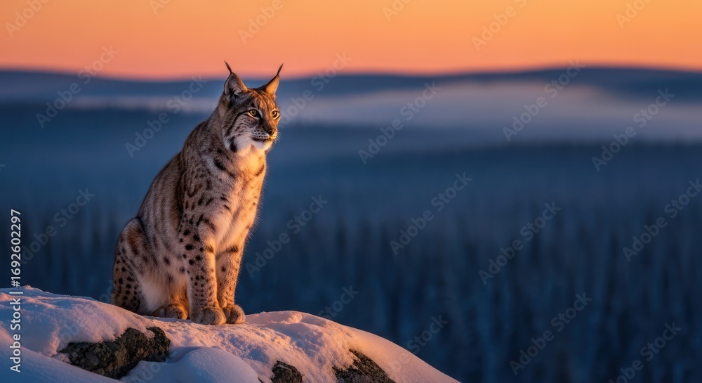 Obraz premium Eurasian Lynx in Winter Landscape at Sunset.