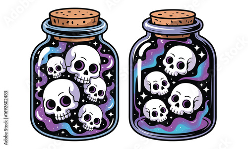 Spooky Skull Jars with Cosmic Interiors - Halloween Themed Illustration