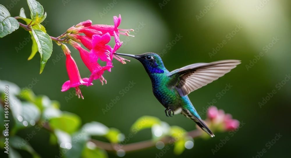 Fototapeta premium Hummingbird feeding on vibrant pink flowers in lush green nature.