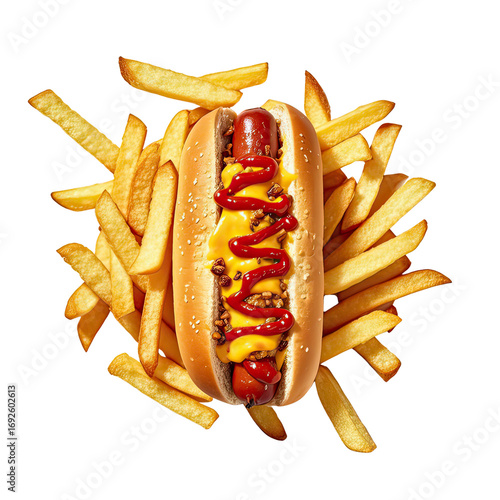 Delicious Hot Dog with Chili Sauce  Melted Cheese  and Golden Fries, Generative AI