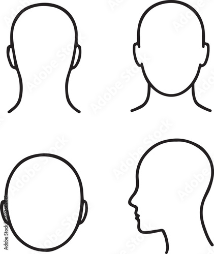 Four head outlines in various perspectives including front back top and side views in black and white.
