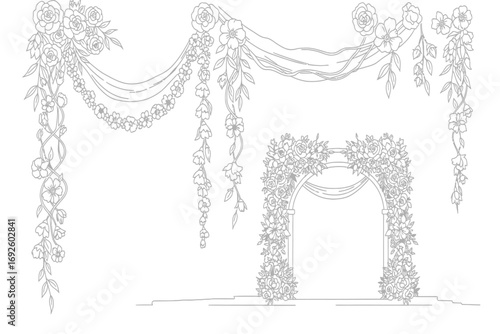 Line art illustration of multiple round tables with tablecloths and glassware setup