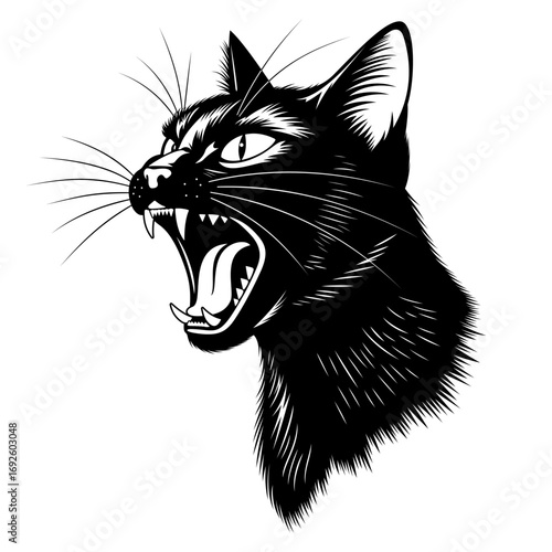 A screaming angry black cat head. Vector illustration for engraving design.