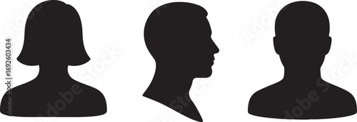 Three silhouette profiles of people a woman a man in profile and a man facing forward in black.