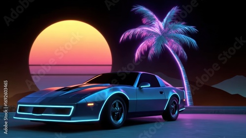 Retro vibes create a nostalgic atmosphere with a sleek blue car parked under neon palm trees against a vibrant sunset backdrop
