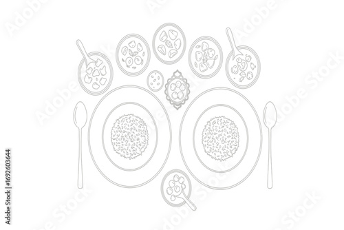 Black and white illustration of a decorated wedding stage with tables and chairs