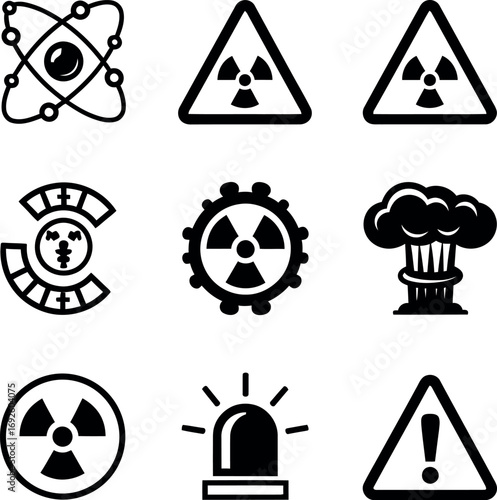 Black and white icons representing atomic and nuclear energy with symbols for radiation, atomic bombs, science, and warning signs.