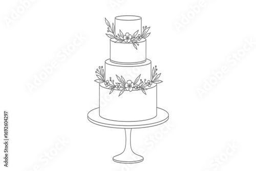 A black and white drawing of an umbrella with a floral design and a ribbon on the handle