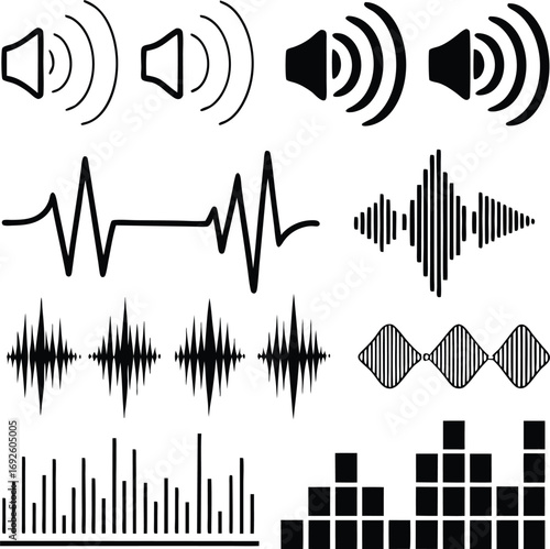 Set of black sound icons including volume controls, audio waves, frequency bars, and equalizers. Perfect for music apps, media players, and sound design projects. Clean, modern vector style.