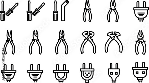 Electrician's essential tools, including a variety of screwdrivers, different types of pliers, and an assortment of electrical plugs, all in a black line icon vector format.