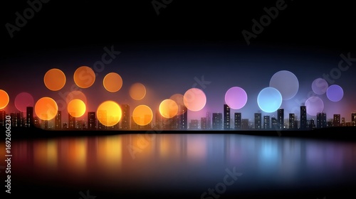 Fototapeta Naklejka Na Ścianę i Meble -  Vibrant city skyline illuminated by colorful lights reflecting on serene water at night creating a mesmerizing atmosphere